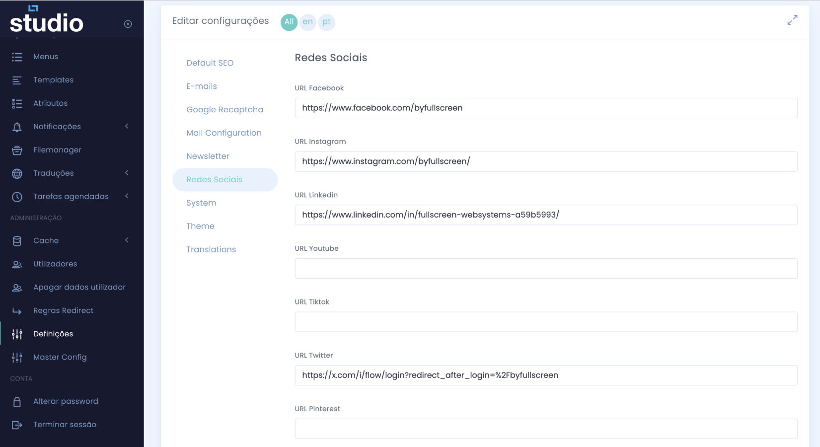Configuração de redes sociais no Studio CMS
