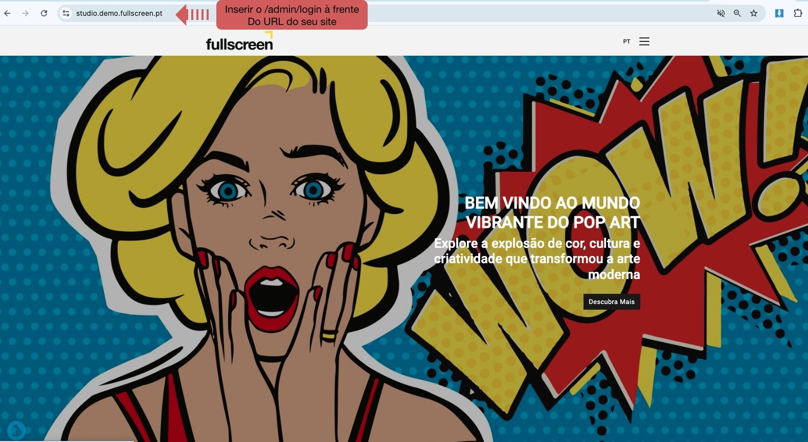Exemplo do URL para aceder ao backoffice do StudioCMS