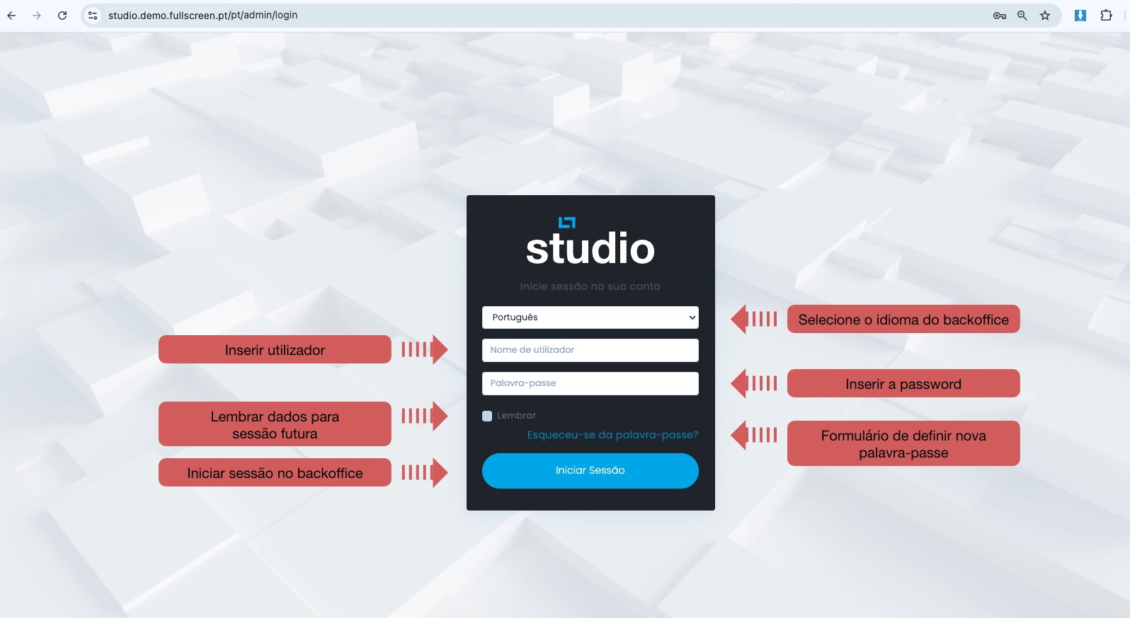 Ecrã de login do StudioCMS