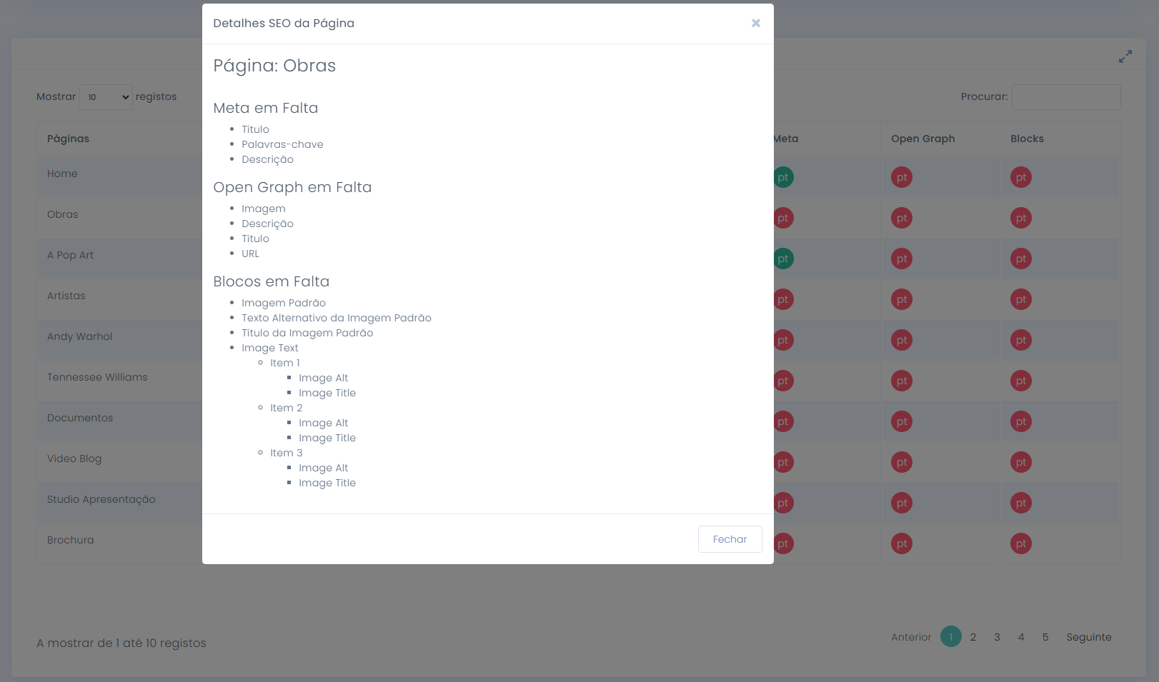 Detalhes da página no relatório SEO
