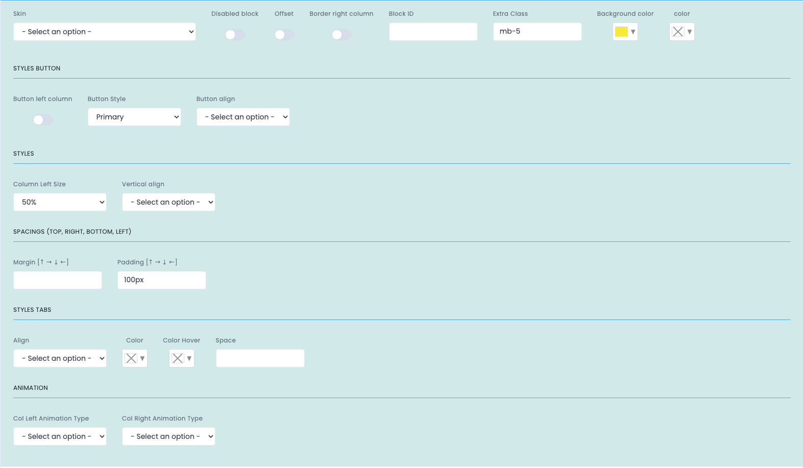Configurações avançadas do componente 2 columns tabs