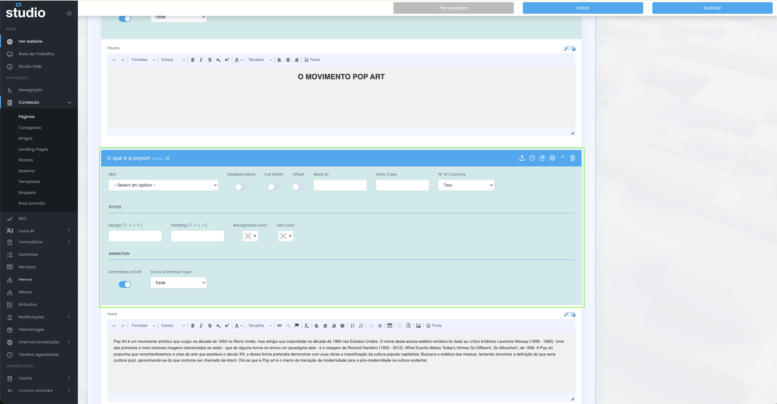 Configurações avançadas de blocos no StudioCMS