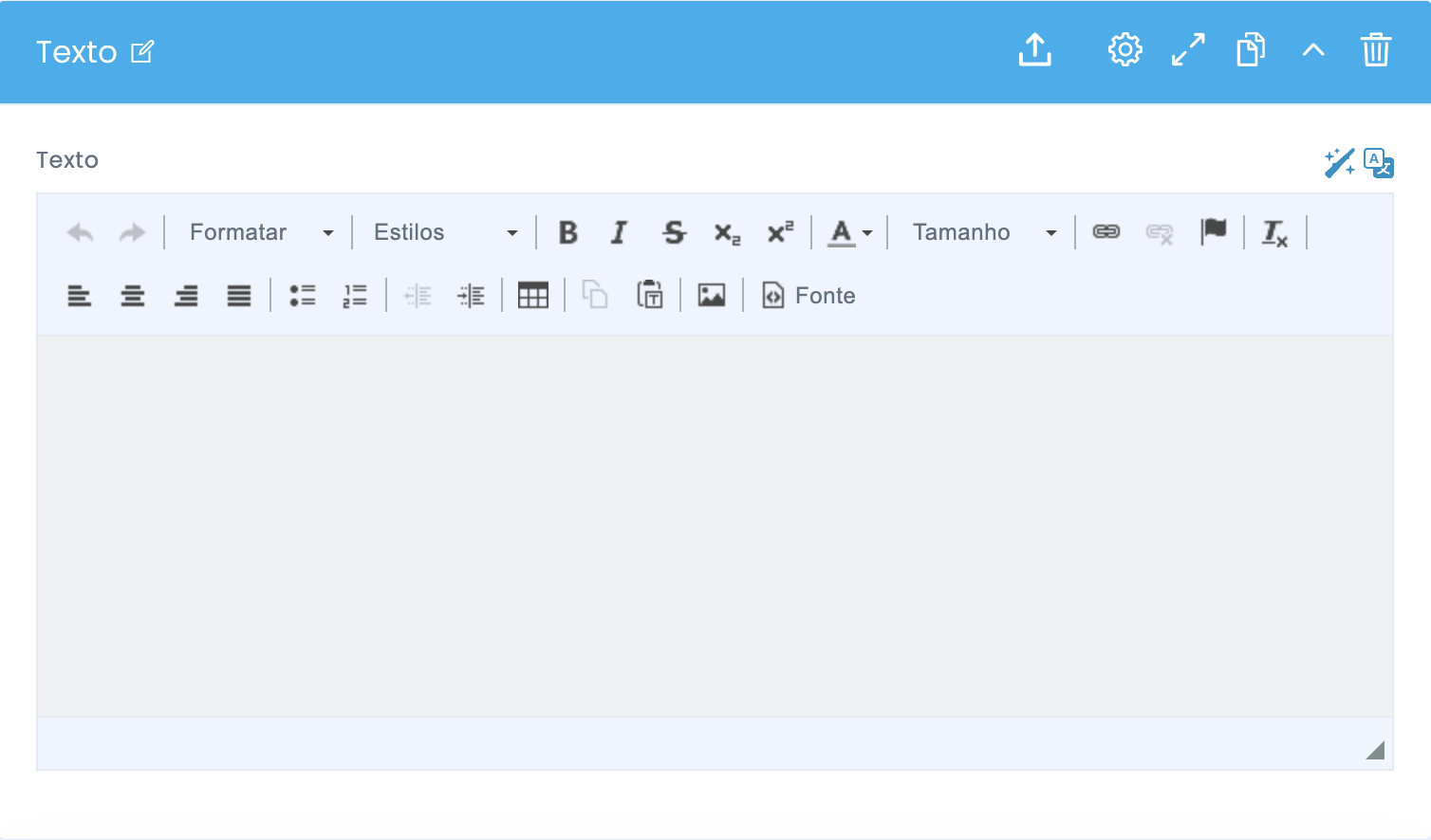 Configurações do editor de texto do bloco texto