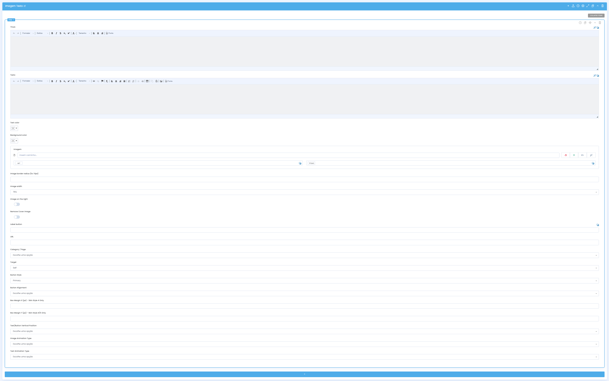 Main fields of the image text block — title, text, colors, image and button