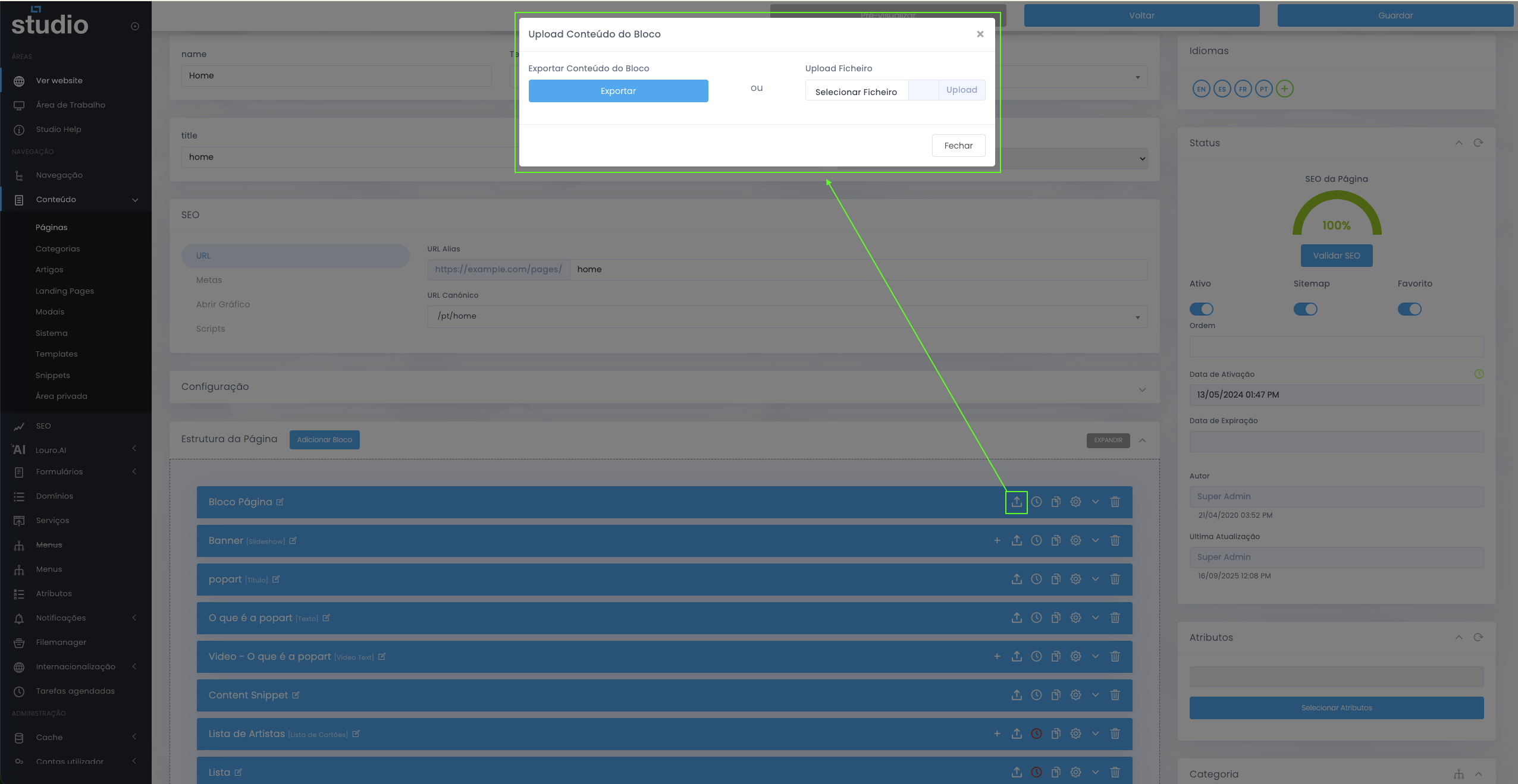 Importar e exportar configurações de blocos no StudioCMS