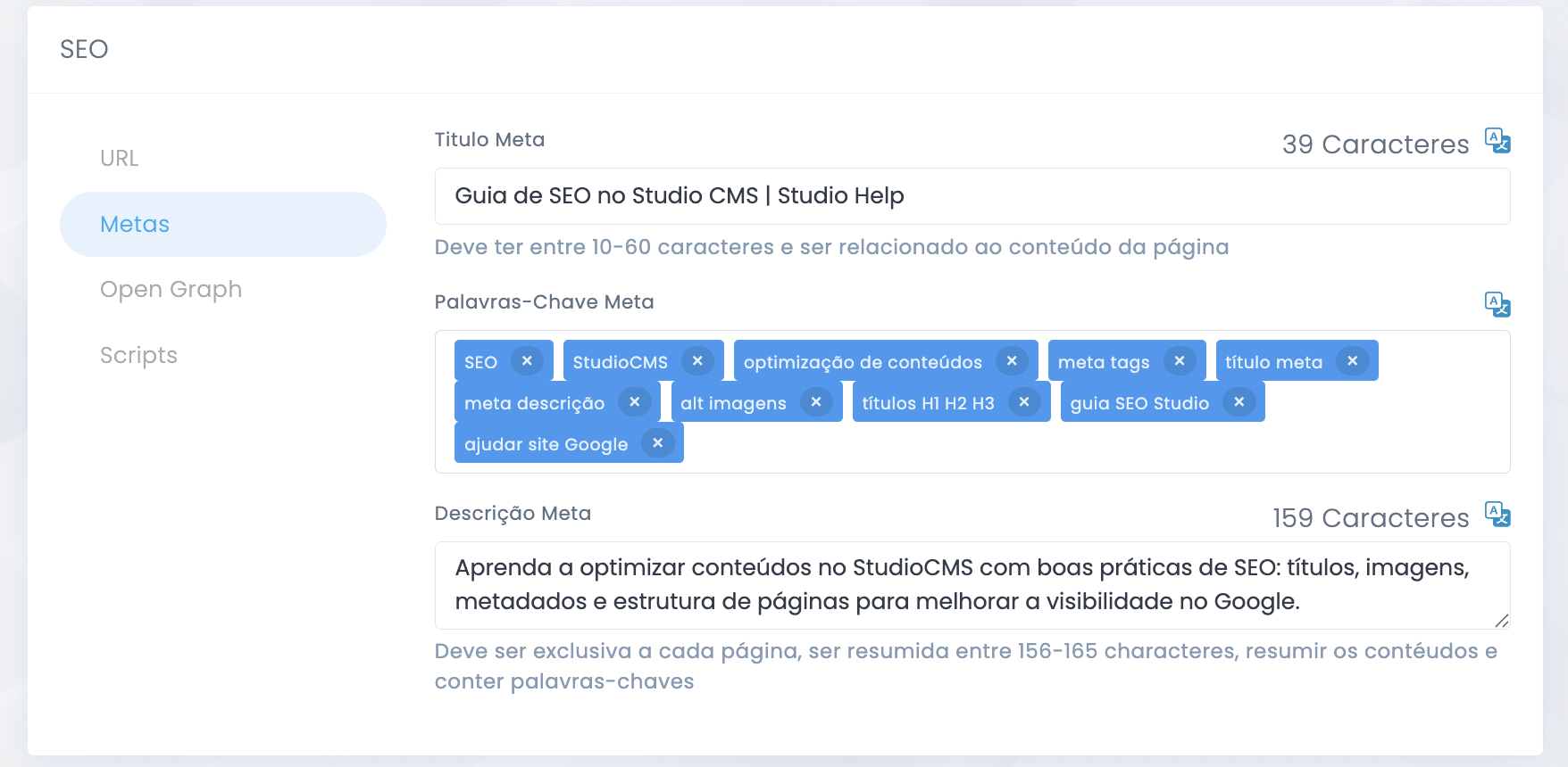 Exemplo visual da configuração de metadados SEO